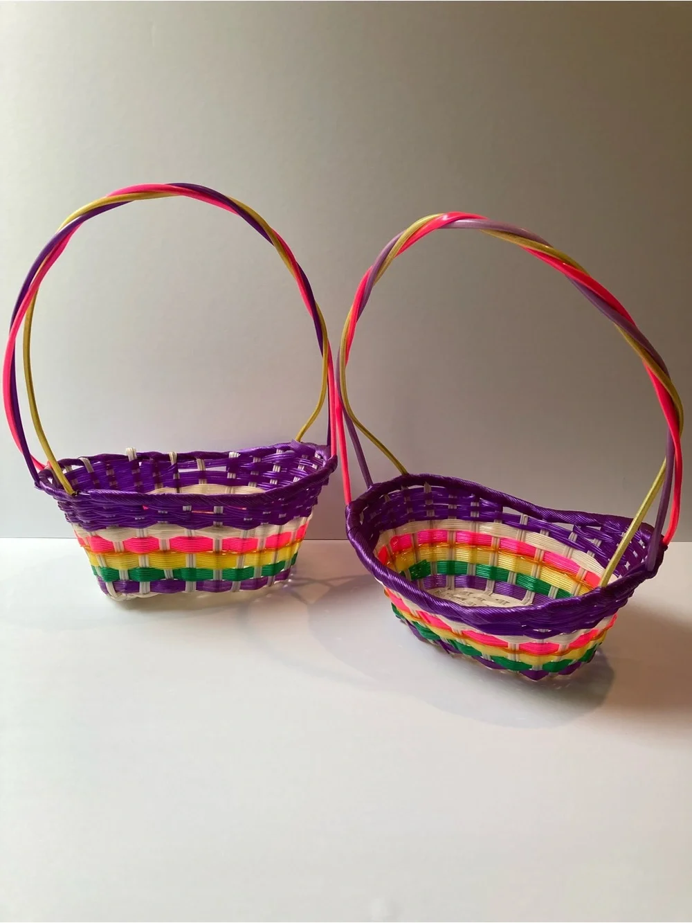 Vintage Easter Basket Set of 2 Pastel Plastic Vinyl Woven Ribbon 80s 90s Y2K VTG